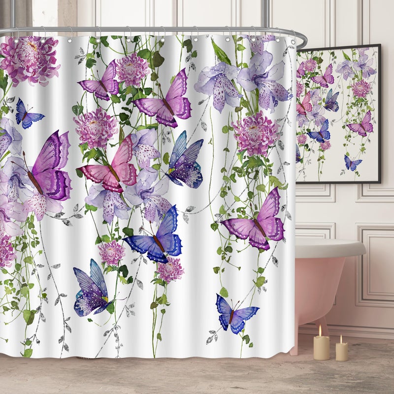chiinvent Purple Shower Curtain Butterfly Shower Curtains for Bathroom  Spring Shower Curtain Lavender Lilac Pink Floral Shower Curtain with 12 Hooks  Machine Washable Waterproof Fabric  72X72 Inches - Image 1